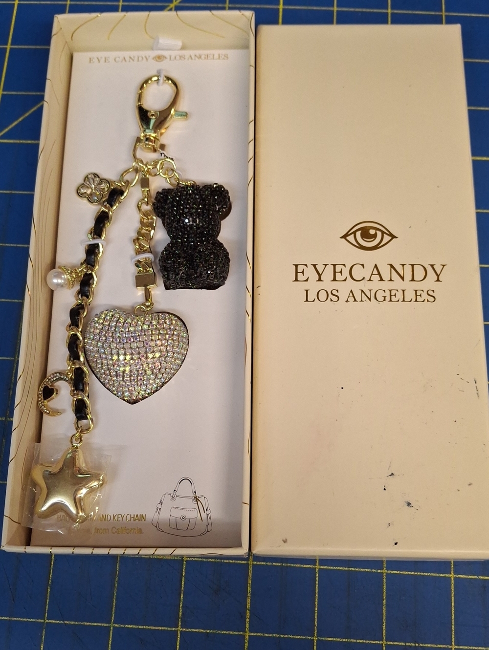 Eyecandy Gold Tone Black Bear Rhinestone Heart & Star 8" Purse Charm Keyring NWB
